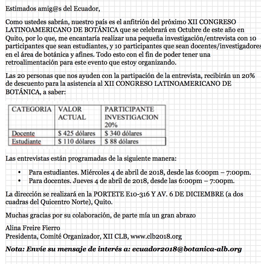 affbotanica's tweet photo. Obten 20% de descuento a inscripción participando en una entrevista aqui en Quito en esta semana que viene! https://t.co/sdYLRtDcdu