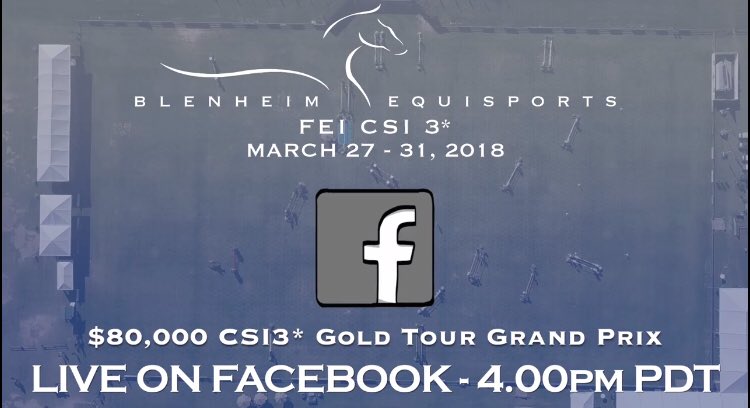 You can watch LIVE on Facebook. The $80,000 CSI3* Gold Tour Grand Prix is LIVE on Facebook today at 4.00pm PDT <a href="/blenheimeq/">Blenheim EquiSports</a> facebook.com/blenheimeq/