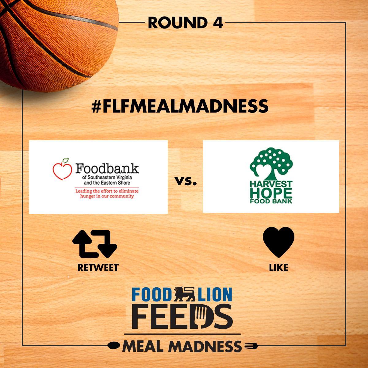 FoodLion's tweet photo. It's voting time again! Help us pick a food bank to win #FLFMealMadness. RETWEET this post for Foodbank of Southeastern Virginia and the Eastern Shore or LIKE this post for Harvest Hope Food Bank! https://t.co/wKyHwPJpyK