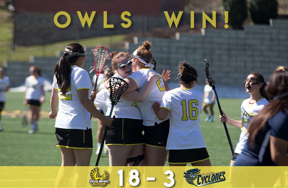 BMCathletics's tweet photo. 🚨FINAL: @bmclax cruises to a 18-3 victory over Centenary University! Special Shout-out to Kylie Woo and Maeve Donnelly on being the teams leading scorers, both with five points each. #OwlsOnTheRise @BMCSAAC @BrynMawrCollege https://t.co/lcfe6OeP15
