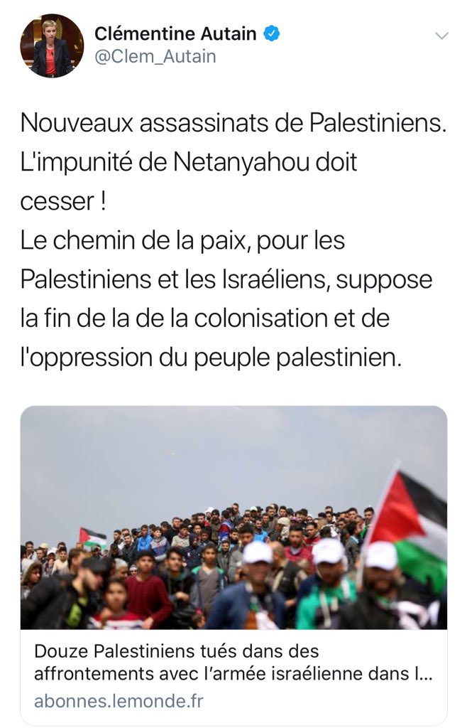 Mllesoss0's tweet photo. Merci @JLMelenchon @Clem_Autain @ericcoquerel et tous les autres en pleurant la mort de terroristes et ainsi important en France le conflit israélo palestinien avec votre vision manichéenne (contribuant ainsi à la montée de l’antisémitisme) de nous rappeler qui vous êtes vraiment https://t.co/xUcw6RAXbL