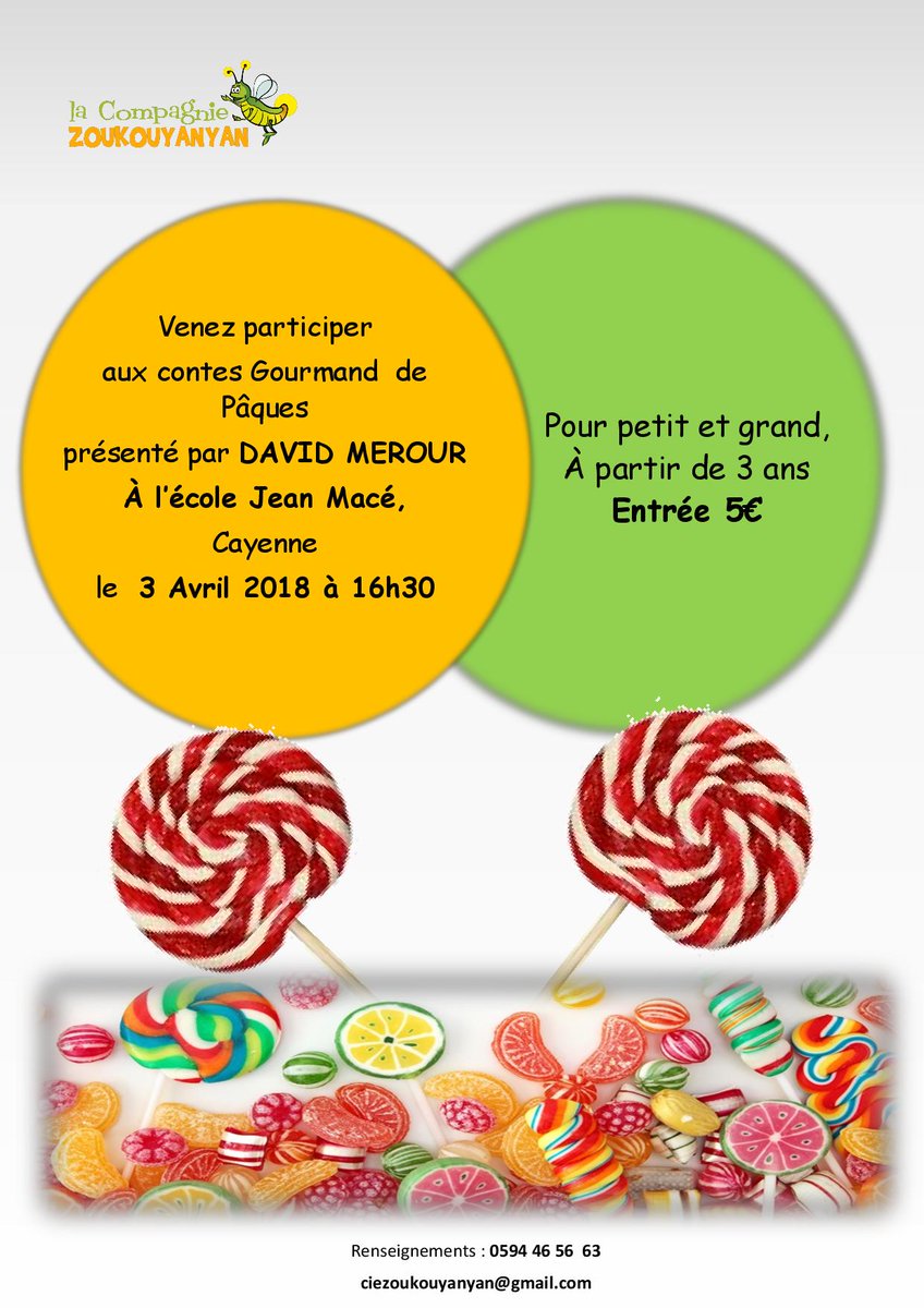 Bonjour,
Pour les vacances de Pâques, la  Cie Zoukouyanyan vous propose un spectacle de "Contes gourmands"  par le conteur David Mérour.Le spectacle se déroulera Mardi 3 avril à 16h30 à l'école Jean Macé, entrée 5 € et contes pour les grands et les petits à partir de 3 ans !