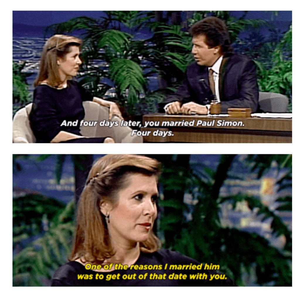 kenobitrinity's tweet photo. Carrie Fisher on the Tonight Show with Garry Shandling, 1987 https://t.co/PfoBaRdHCh