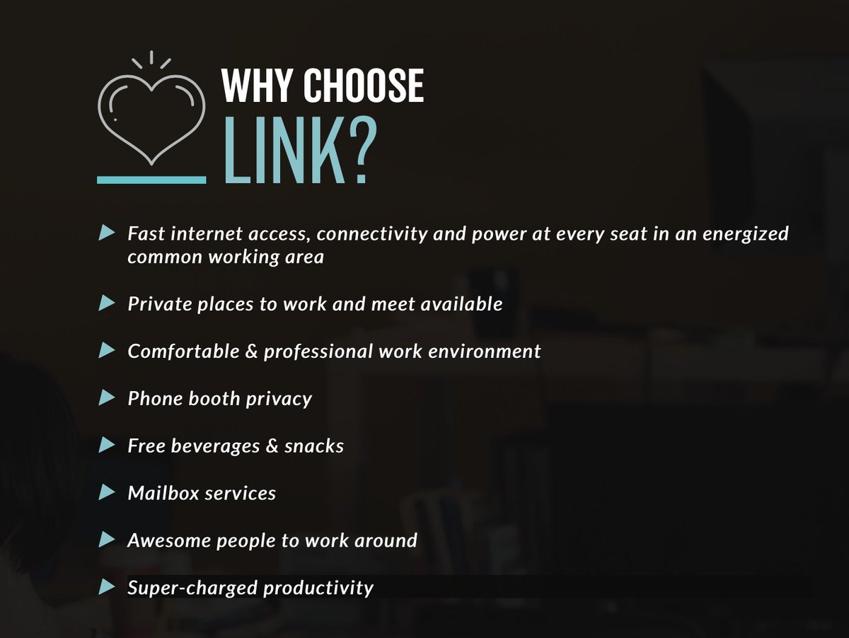LinkCoworking's tweet photo. Interested in joining a #coworking space in #ATX. Here are just a few of the perks of working from #LinkCoworking. #freecoffee #fastfiber #freeparking https://t.co/z83k6F8ODd