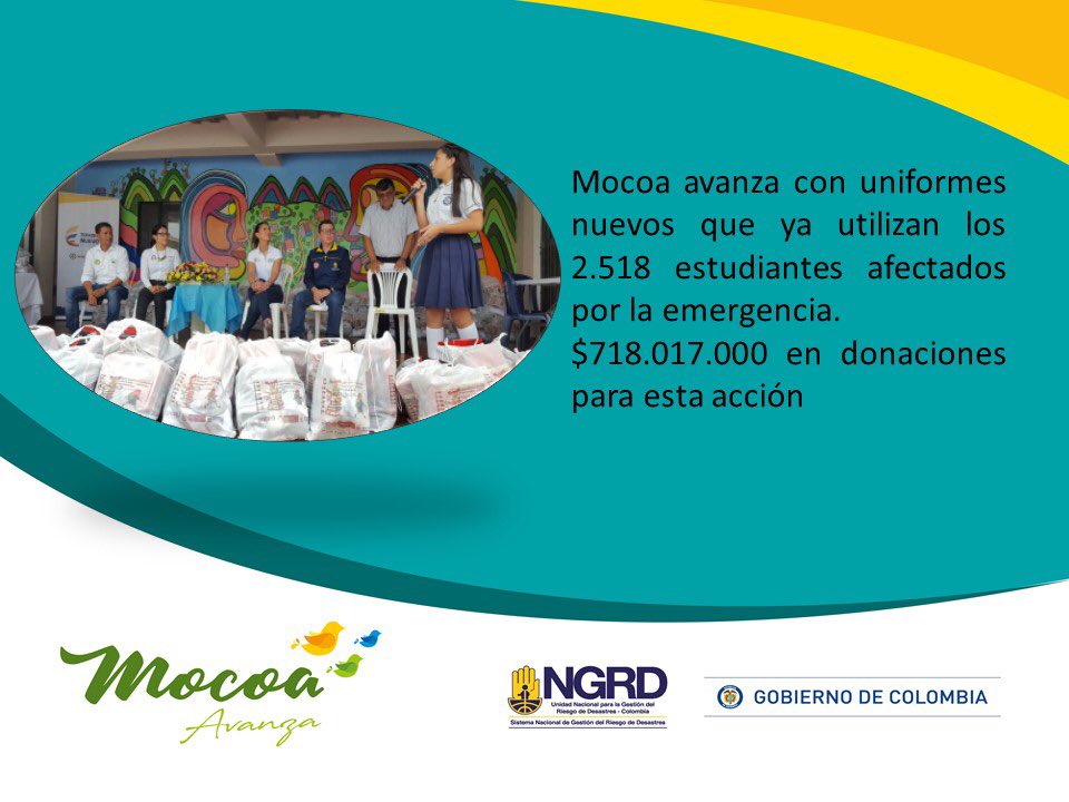 UNGRD's tweet image. #MocoaAvanza Con las Donaciones recibidas...la destinación es clara. #GerenciaParaLaReconstrucción #AsíAvanzaMocoa @MinEducacion @MinDefensa