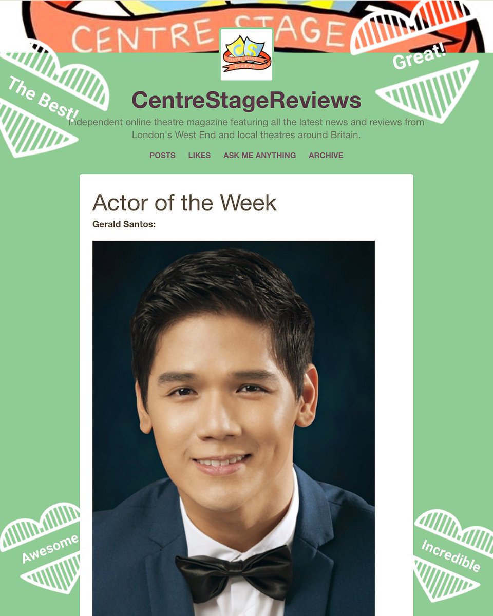 teamgeraldOfc's tweet photo. Congratulations @TheGeraldSantos! "Actor of the Week" in a West End Theatre online review  👏👏🏻👏#centrestagereviews
#MissSaigon #misssaigonuk #thuy #anothergift #BlessedAndGrateful #like #like4like #likeforfolow #likeforlike #proudtobepinoy #Happy #enjoylife https://t.co/zOizEE5o5c