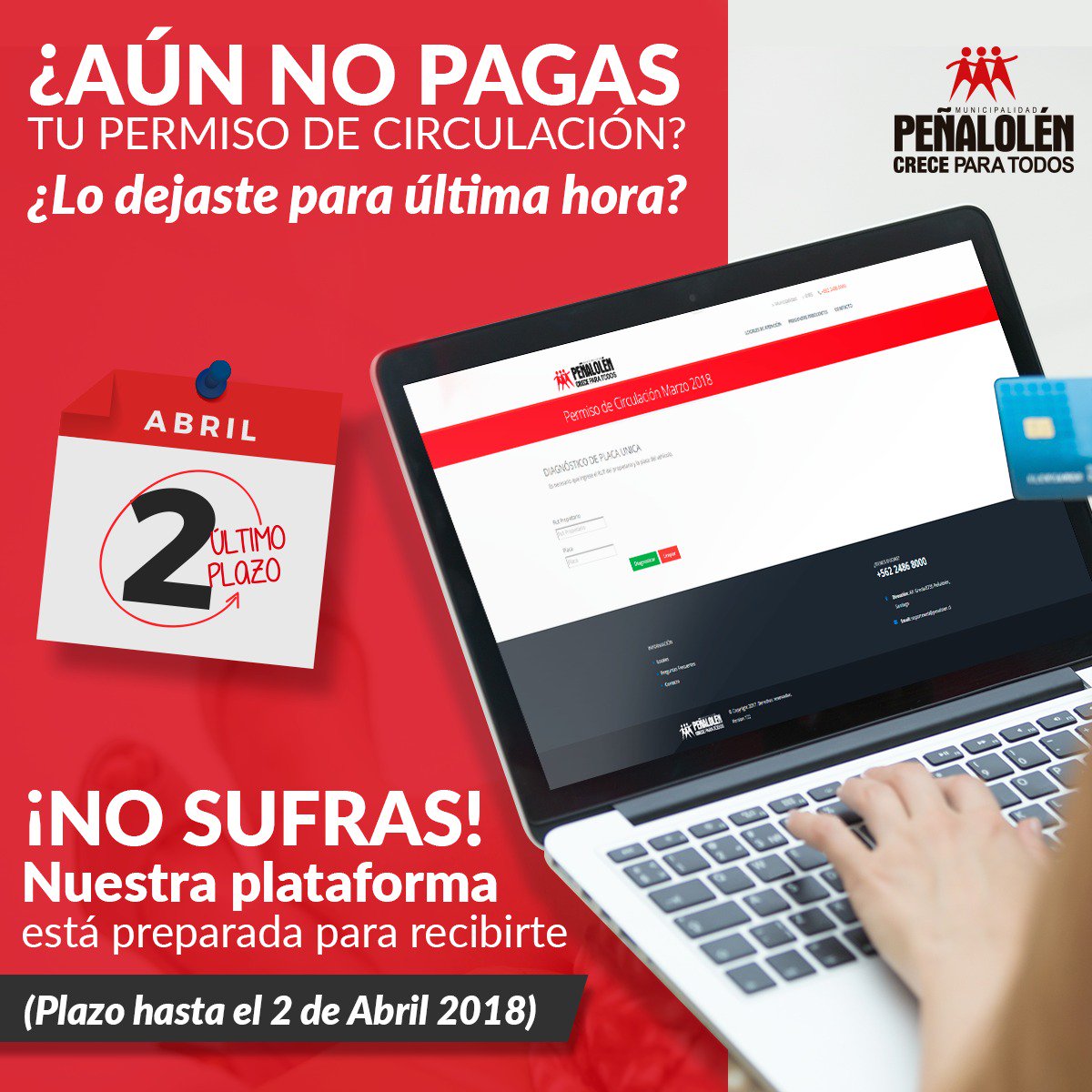 benjacoderch's tweet image. Dejaste el pago de tu #PermisoDeCirculación para última hora? 😅 No te preocupes! permisointernet.penalolen.cl/webapp/ Tenemos un equipo especializado esperando para ayudar en caso de cualquier consulta por chat, correo electrónico (soporteweb@penalolen.cl) y telefóno (224868168). 🚗💨