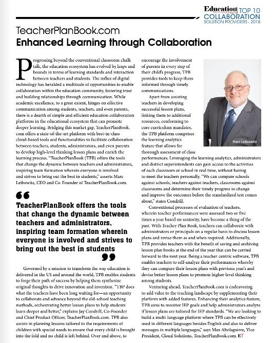 TeacherPlanBook's tweet image. We were chosen as one of 2018&apos;s top 10 hottest #collaboration solution providers!  Look for the complete article on page 33 of #EducationTechnologyInsights magazine.
 #teacherplanbook #educationaltechnology #topten #teachersfollowteachers #teacherlife🍎