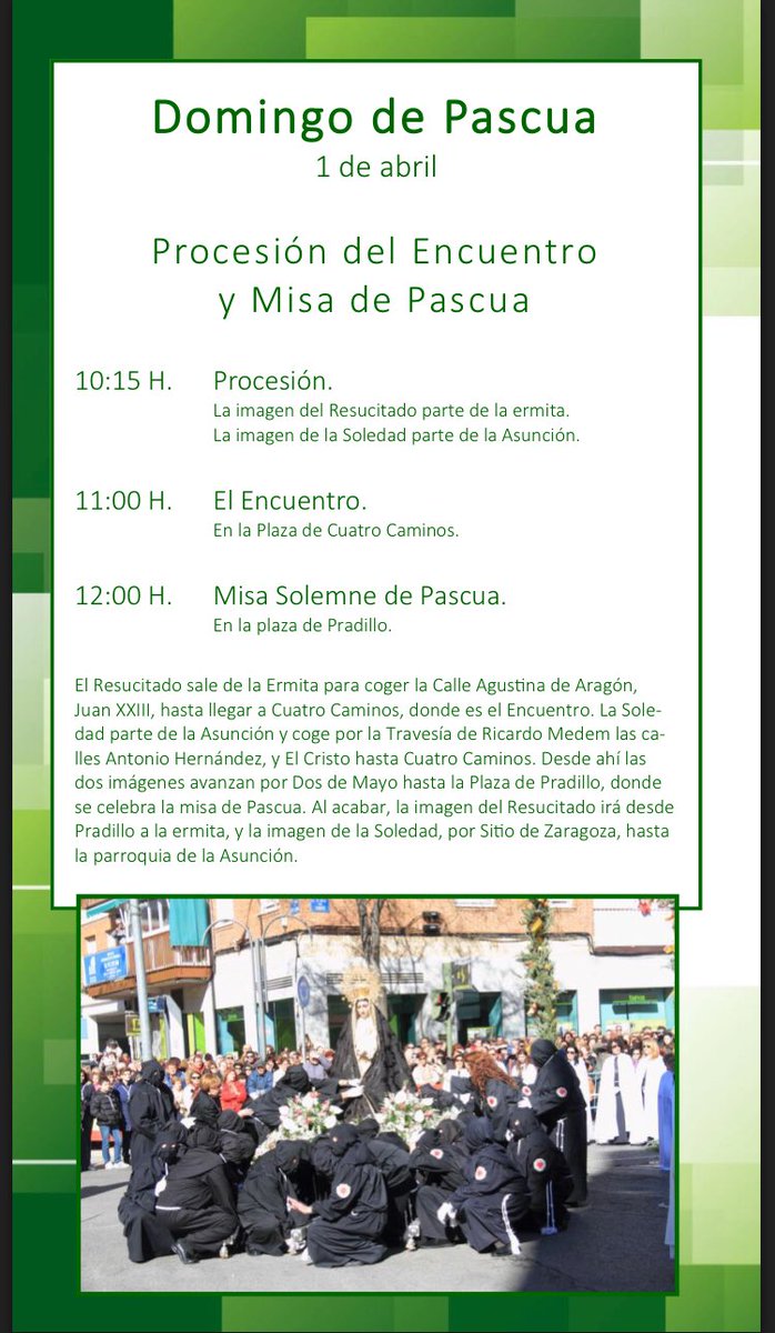 Os recordamos que esta noche tenemos la Solemne Vigilia Pascual a las 22h en la Parroquia y mañana la Procesión desde la Ermita a las 10:15h luego el encuentro a las 11:00h y Misa a las 12:00h en el Pradillo. #SemanaSanta2018 #SemanaSantaMostoles2018