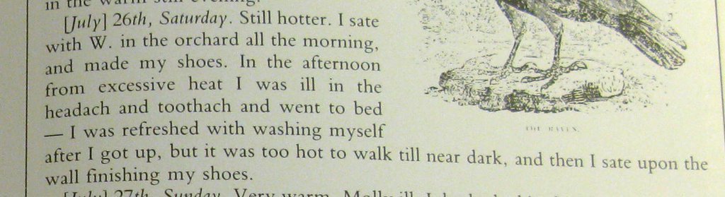 Here #DorothyWordsworth in English Journeys: Life At Grasmere, notes the oppressive July heat and making her shoes '...then I sate upon the wall finishing my shoes.' Most likely she was #embroidering the uppers, perhaps based on a #pattern fr. a magazine for ladies.