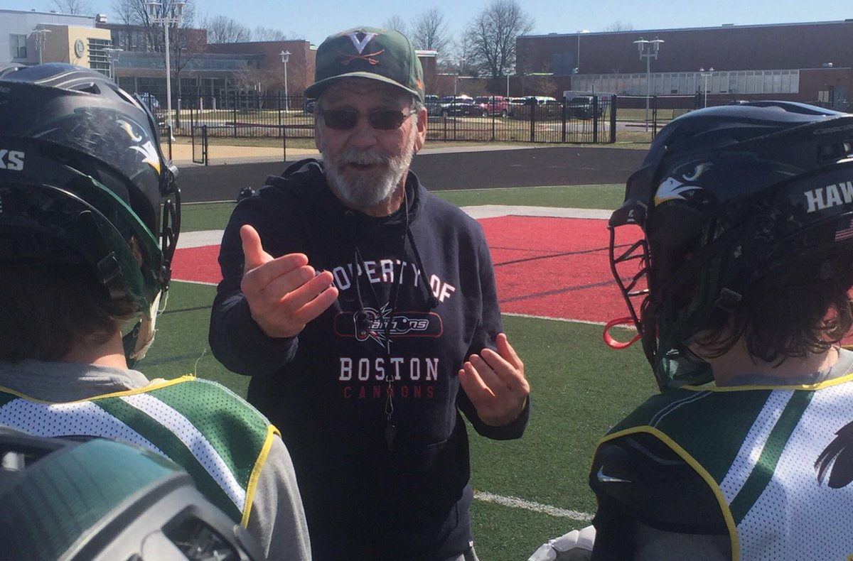 Hawks2022's tweet photo. Extremely fortunate to have Coach Dom Starsia of @UVAMensLax to spend a few hours with our team today. From pointers on the field to advice in meetings, an overall great experience. Thanks Coach! #hwpo #hoos #hawks #shootoverhand #pointtovictory https://t.co/24EUatFHSz