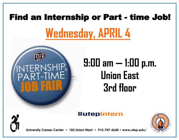 utepstemgrow's tweet photo. 🚨INTERNSHIP &amp; PART-TIME JOB FAIR🚨

Are you still looking for an internship or part-time job over the summer? Then attend the Internship &amp; Part-time Job Fair on April 4th! More information can be found below.

#stemgrow #careerfair #internships #jobs #elpaso #utep #gominers https://t.co/ujy3KMWt5n