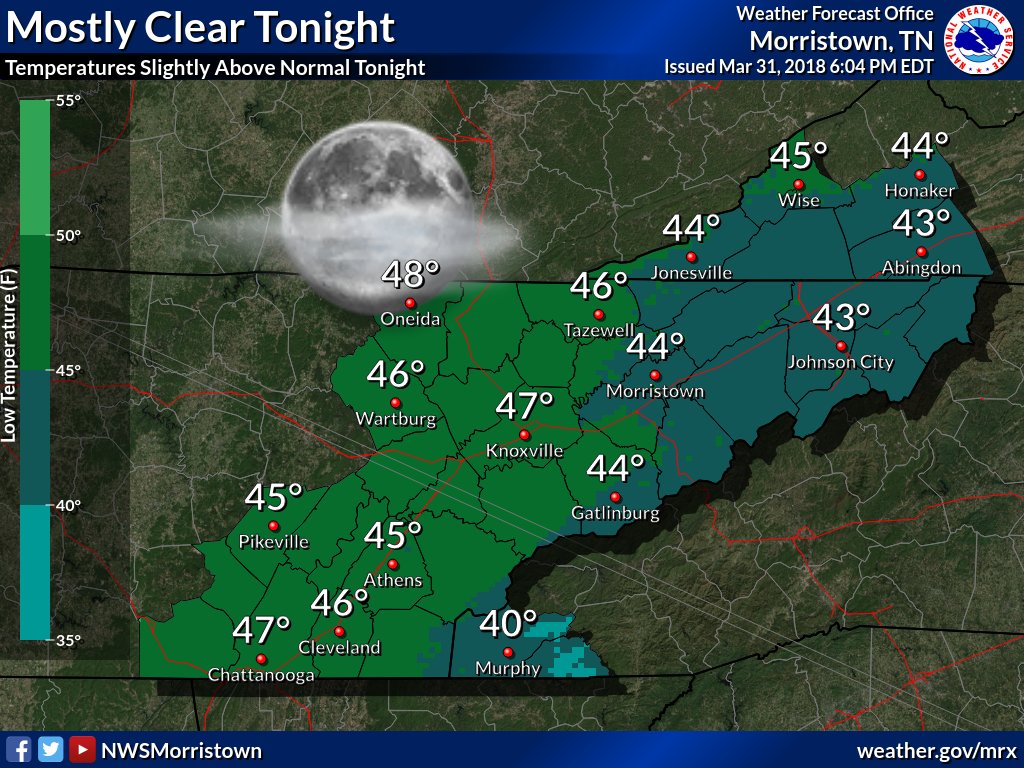 Mostly clear tonight with low temperatures slightly above normal. #mrxwx