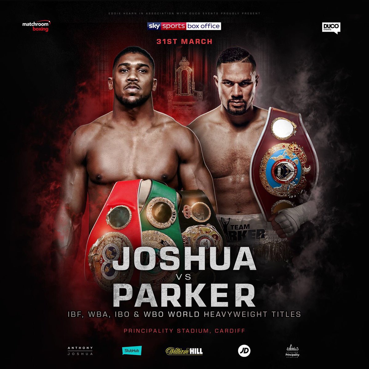 It’s fight night 💥🥊 Join the watch party at #tkbocaraton

Undefeated heavyweight world champions Anthony Joshua and Joseph Parker put their belts on the line in a historic winner-take-all battle for the undisputed unified title at Cardiff's Principality Stadium in Wales.