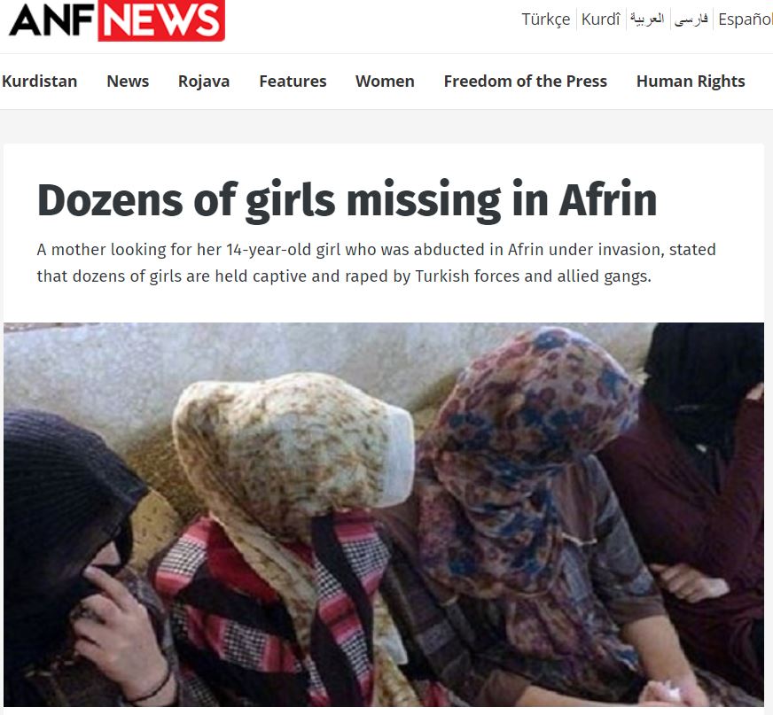 TwittGiorgio's tweet photo. TURKISH CRIMES: Dozens of girls missing in Afrin
A mother looking for her 14-year-old girl who was abducted in Afrin under invasion, stated that dozens of girls are held captive and raped by Turkish forces and allied gangs. https://t.co/qJRYk6IHBj