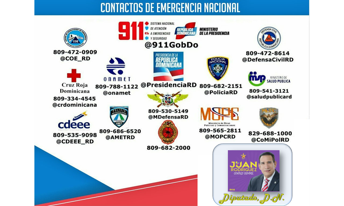 JuanRodriguepld's tweet photo. Preserva tu vida y la de tu familia, lleva contigo estos números de emergencia. #SS2018 #SS18 #SemanaSanta #SemanaSantaSegura2018 #UniónSantaSS2018 #JuanRodriguezPLD #JuanRodriguezSS18 https://t.co/zcyD2JQ53j https://t.co/807O6ZJknu