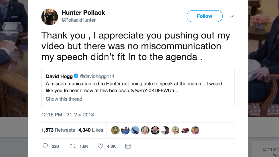 Hunter Pollak (brother of Meadow) exposes David Hogg for no invite to #MarchofOurLives