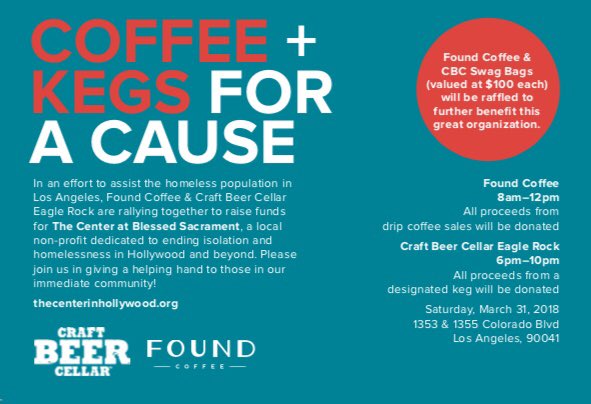 CafeDemitasse's tweet photo. In an effort to assist the homeless population in LA, Found Coffee & Craft Beer Cellar Eagle Rock are rallying together to raise funds for The Center at Blessed Sacrament. Sales from drip coffee and a designated keg will be donated! #cafedemitasse #foundcoffee #craftbeercellar https://t.co/tJxLcYsa5P