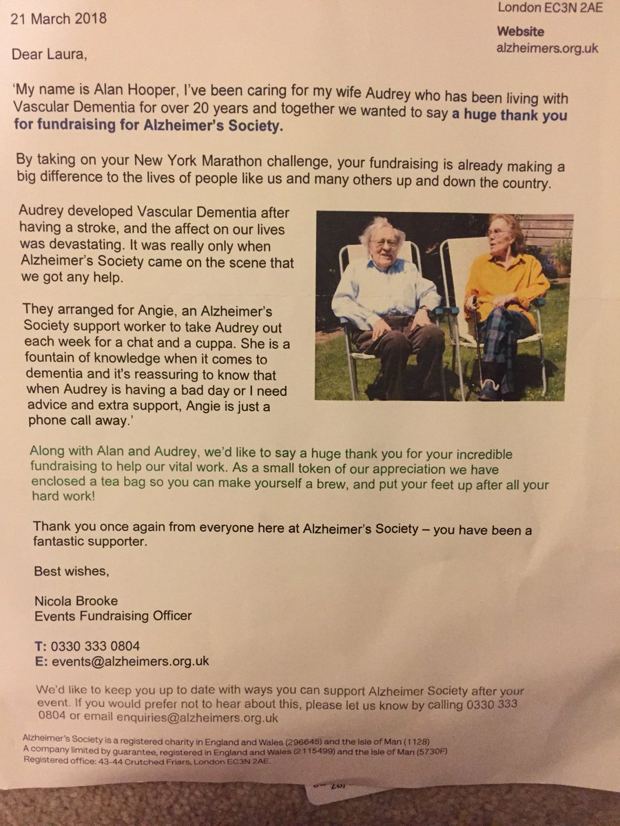 Last year, myself and my colleagues raised over £1.5k for <a href="/alzheimerssoc/">Alzheimer's Society</a> and, of course, we didn’t expect anything in return- it was heartwarming to receive this letter of thanks 🙏🏼