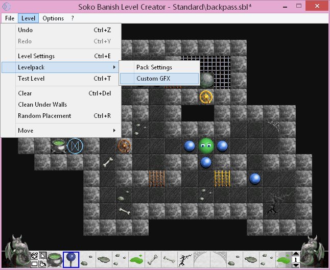 Soko Banish editor screenshot with new menu options: Undo/Redo, Pack Settings, Custom GFX, Test Level and Random Placement.