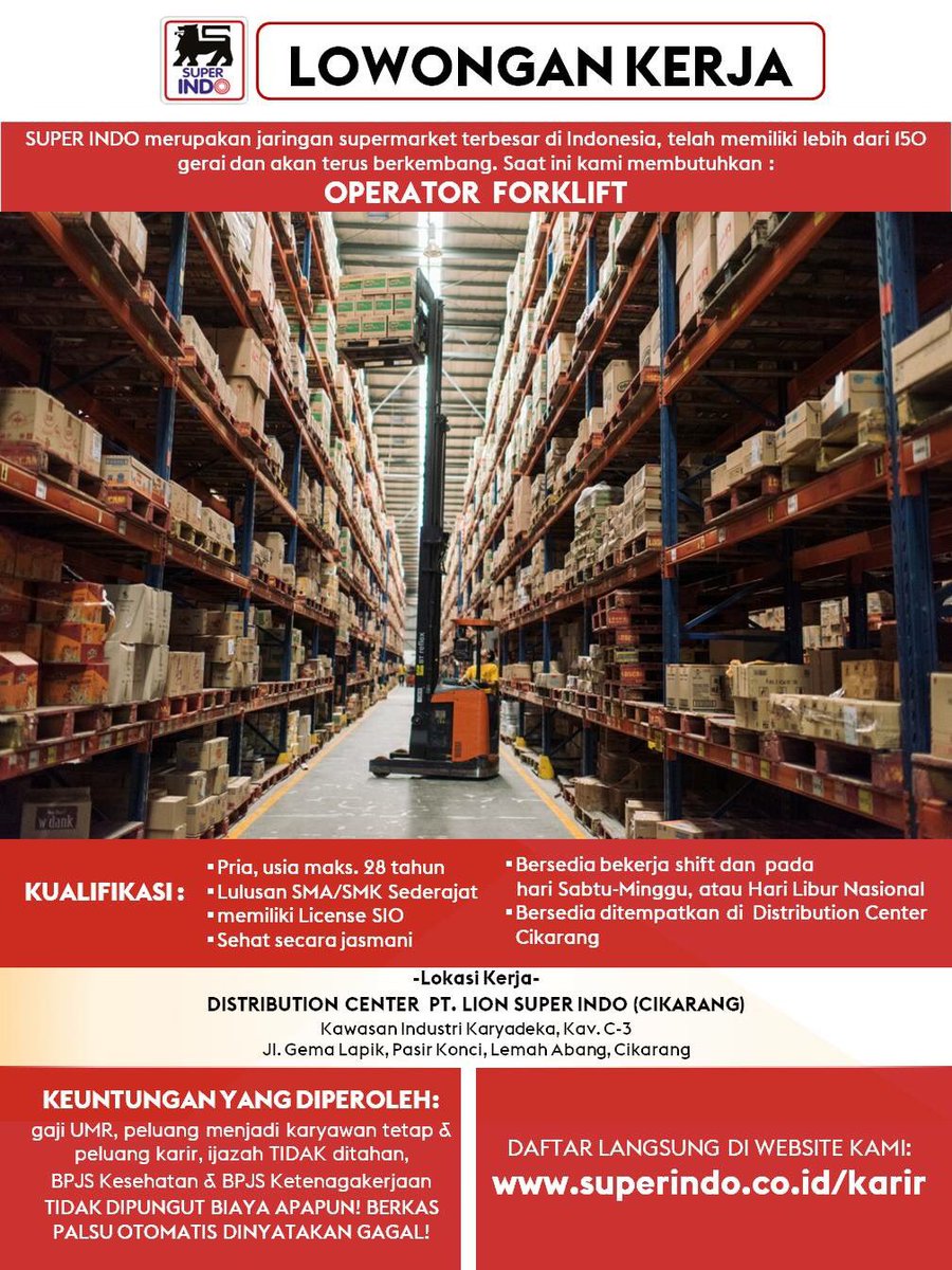 O Xrhsths Superindosupermarket Sto Twitter Info Lowongan Kerja Super Indo Supermarket Khusus Posisi Operator Forklift Penempatan Distribution Center Cikarang Yuk Daftarkan Lamaranmu Melalui Website Https T Co Roziy1rxao Sekarang Superindo