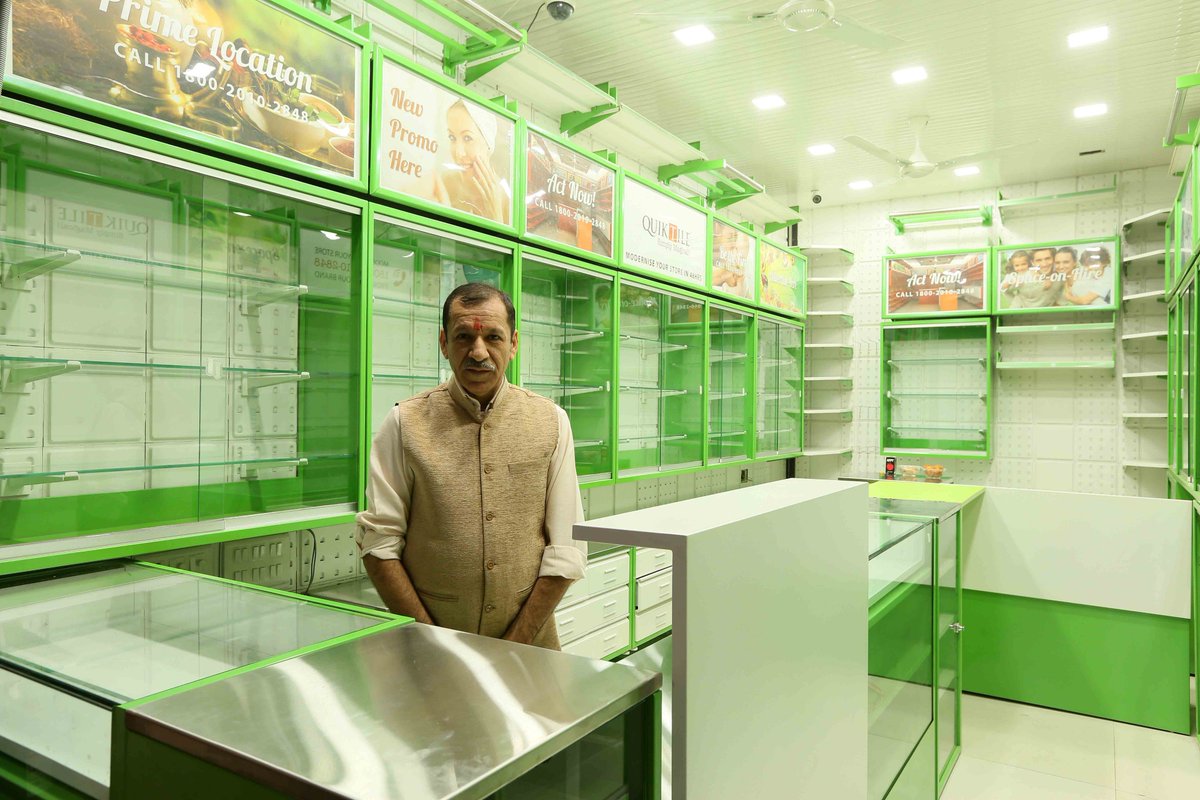 GlueDesignIndia's tweet photo. Check out these Before/After 48hr Store Transformation pics.  Ajay Kumar Chaudhry, of Paschim Vihar New Delhi is a HAPPY CUSTOMER! #quiktlile #modertrade #retail #pharmacy #MakeInIndia https://t.co/NfrGq0xlaX