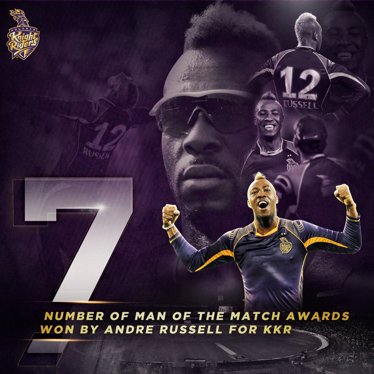 #KKRCountdown 7⃣ Days to go! Muscle Russell has proved to be a match-winner, notching up 7 'Man of the Match' awards for KKR! 💪👊 #KKRHaiTaiyaar #IPL2018