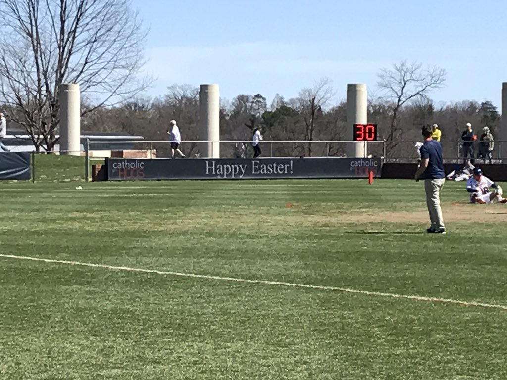 Loved seeing the #HappyEaster ad from <a href="/CatholicHoos/">Catholic Hoos</a> at today's <a href="/UVAWomensLax/">Virginia Women's Lacrosse</a> and <a href="/UVAMensLax/">Virginia Men's Lacrosse</a> games. May the Peace of Christ be with all of us during this blessed weekend!