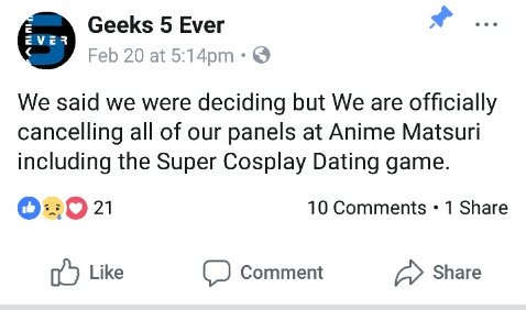 sake_kitty's tweet photo. #geeks5ever did not approve of this guy and they cancel their panels because of #AnimeMatsuri #boycott. They dont approve of sexual hurassment that been going at the con.
The nazi guy is not part of their group
Anime matsuri just got ransom dude that was willing to do the panels. https://t.co/2Znm3bYLDO