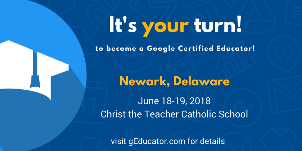 g_educator's tweet photo. Did you know that there are only around 30,000 Google Certified Educators in the 🌎?!! Earn your badge and join us! @jrsowash will be leading a Certification Academy outside in Newark, DE this June! Details: https://t.co/C4paAAg69a #delachat #GoogleEDU https://t.co/vgGC4bQ4E3