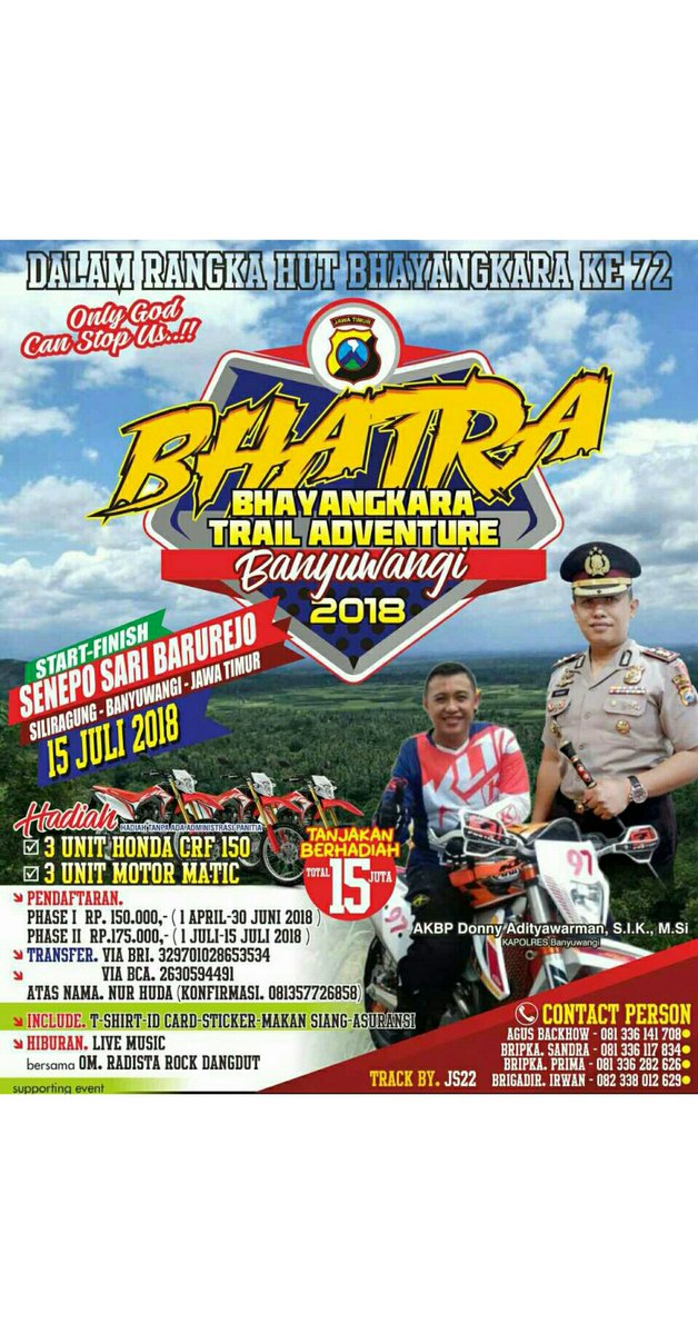 ecymbem's tweet photo. Bagi pecinta trail, segera daftarkan diri anda kekontak person diatas.

Menang gk menang seng penting gas poll 😂😂😂
.
.
.
#hutbayangkara #hutbayangkara72 #polriindonesia #PolresBanyuwangi https://t.co/tNvCT3V7Io