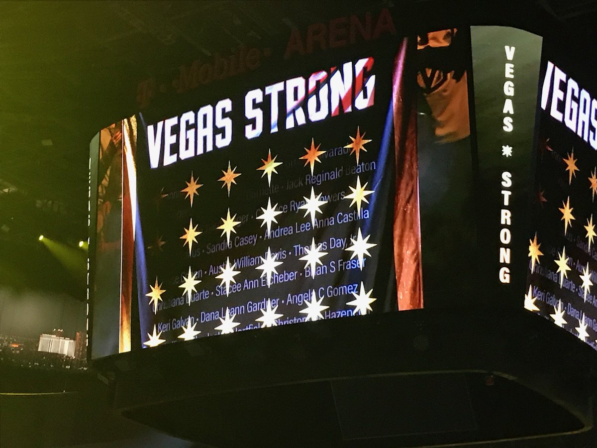 SteveSisolak's tweet image. The @GoldenKnights have raised this banner to the @TMobileArena rafters and retired the number 58. #GoKnightsGo #VegasStrong