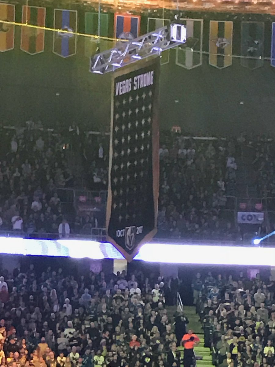SteveSisolak's tweet image. The @GoldenKnights have raised this banner to the @TMobileArena rafters and retired the number 58. #GoKnightsGo #VegasStrong