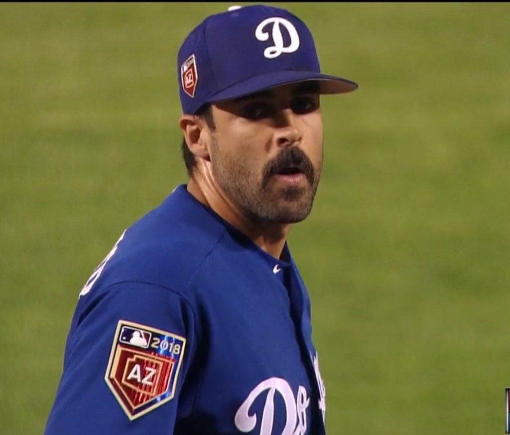 GrumpyDodgerFan's tweet photo. @Pantone294 when the Skipper calls to the pen for ‘Stache Alexander (aka “the ‘Stache”), he just looks out to the pen and tugs at his upper lip. #StacheTime #OldSkool #StacheStrong. https://t.co/BZaVYo9dPT