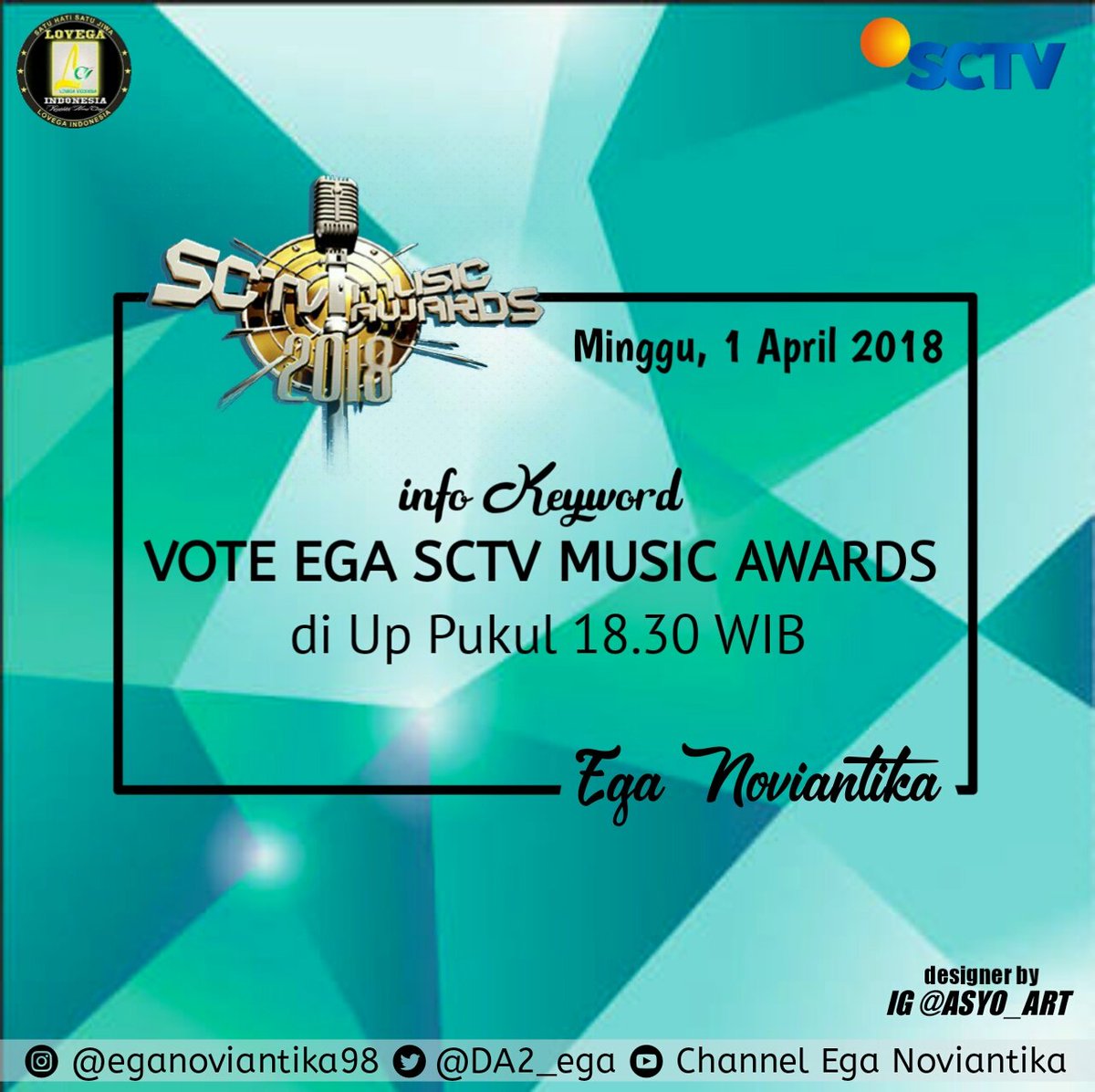 [RETWEET] dan [SHARE]
Info Keyword
VOTE EGA SCTV MUSIC AWARDS

Kompak dan tepat waktu, diramaikan Pkl 18.30 WIB 😊
Semangat semuanya 🙏😚
<a href="/DA2_Ega/">Ega (REAL)</a> <a href="/LOVEGAHastag/">HASTAG NAON CING EGA</a>