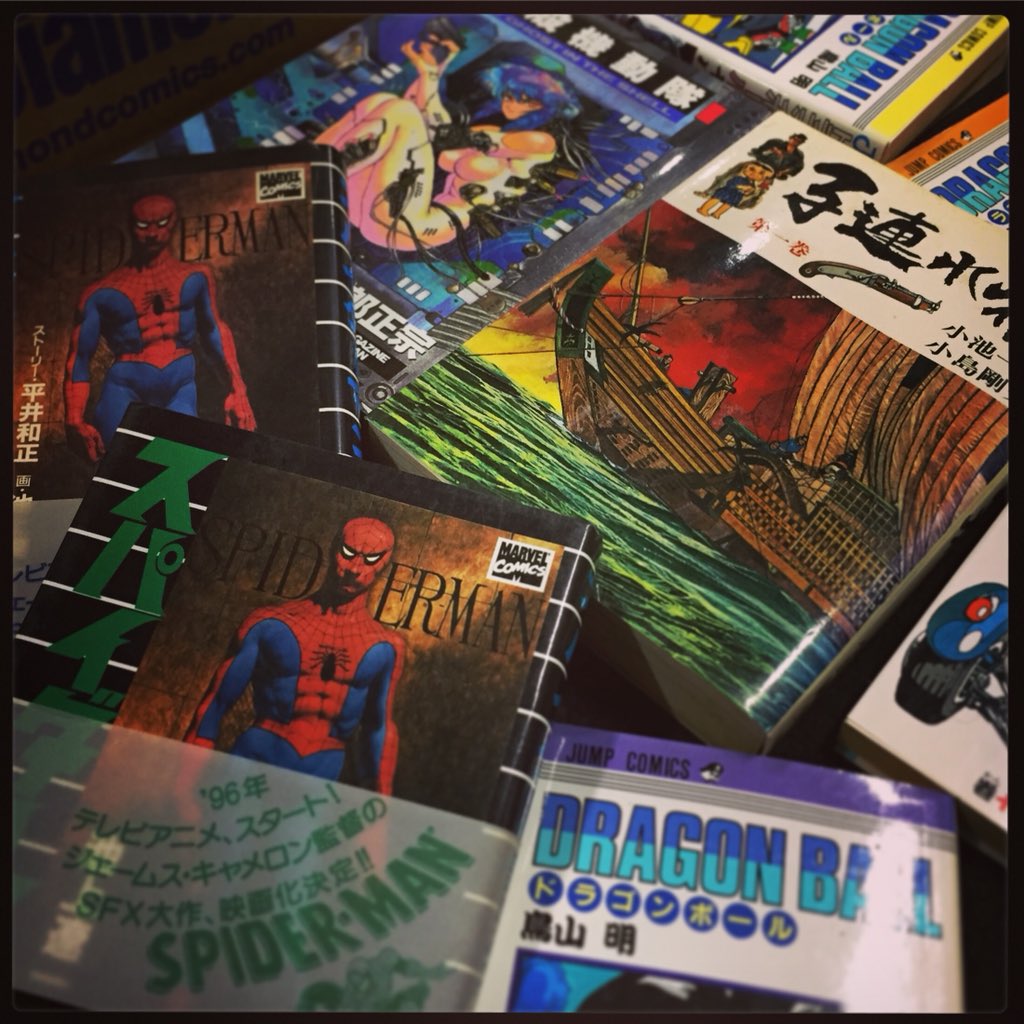tristans_bones's tweet photo. Look! Original Japanese language “Dragonball” books, “Ghost in the Shell”, friggin’ Spidey, “Lone Wolf &amp; Cub”; Rocketeer, Frank Miller... the “Betty Pages”! https://t.co/ohEyHsLttp