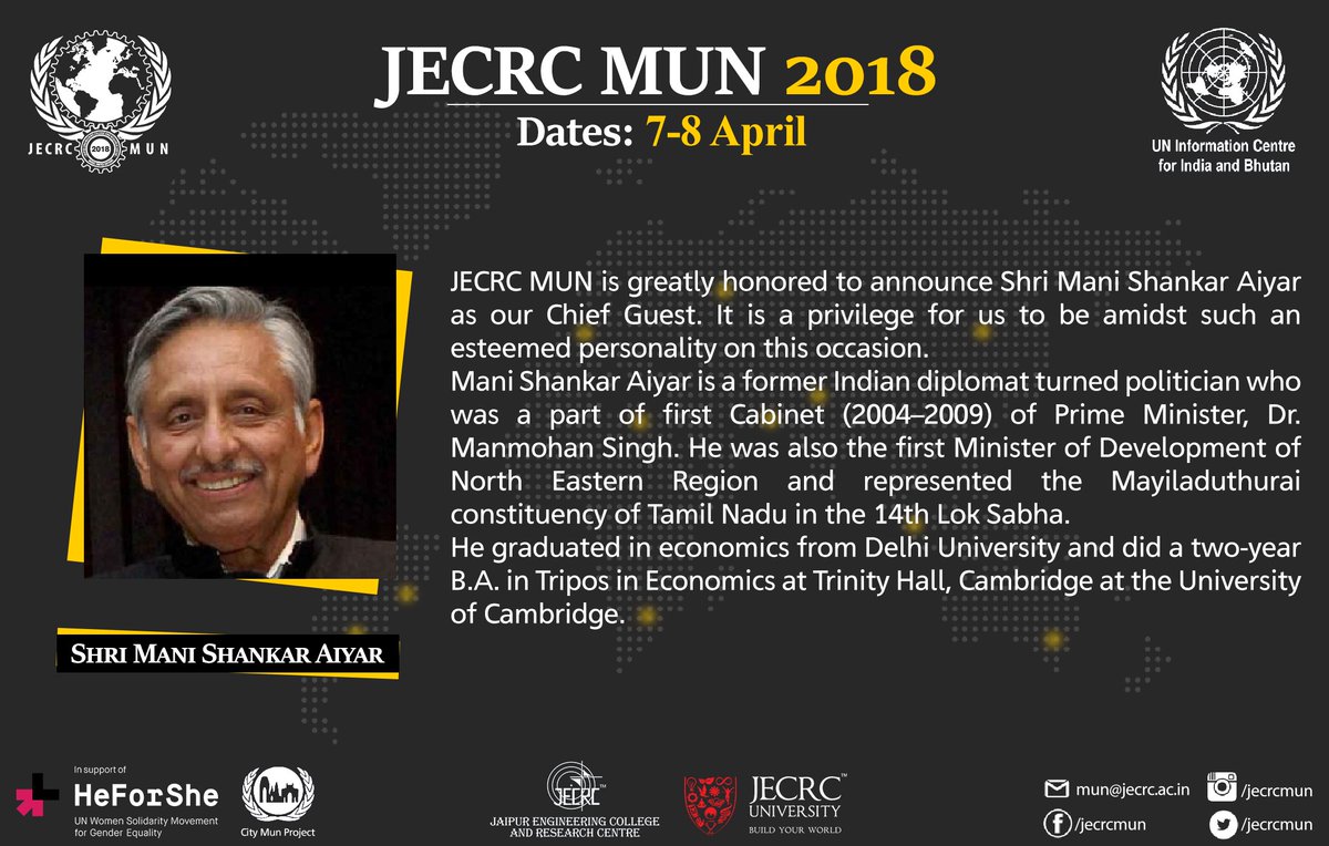 JECRC_MUN's tweet image. We are highly honored to announce that Shri Mani Shankar Aiyar, former Indian Diplomat, will be gracing us with his presence as the Chief Guest in the inaugural ceremony of JECRC MUN 2018.

jecrcmun.co.in

#JecrcMun #UniteToDebate #HeForShe #CityMun #UNIC