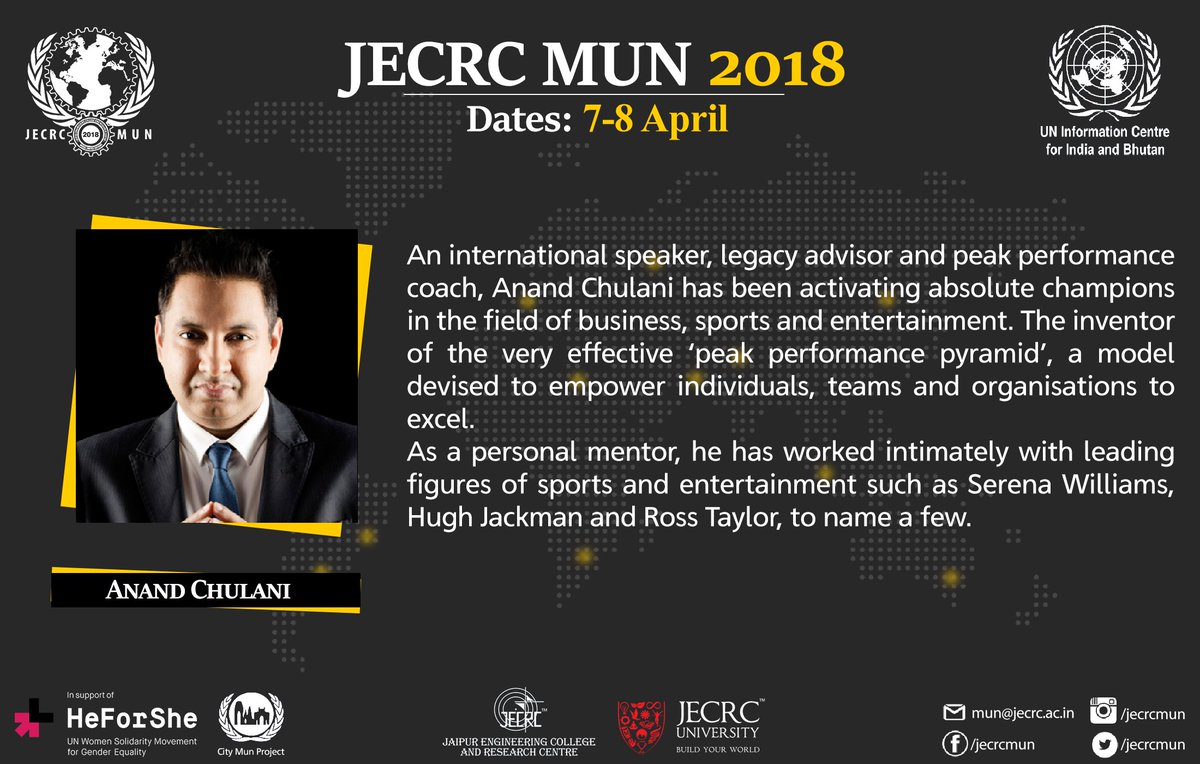 JECRC_MUN's tweet image. We are utterly delighted to announce that Mr. Anand Chulani will be gracing us with his presence as the chief guest and will deliver an inspirational speech at the Inaugural Ceremony of JECRC MUN 2018.

 jecrcmun.co.in

#JecrcMun #UniteToDebate #HeForShe #CityMun #UNIC