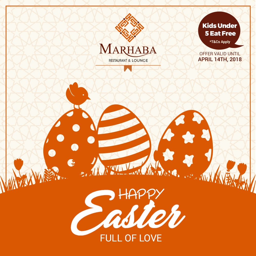 MarhabaLuton's tweet photo. Happy Easter!, and May your #Easter baskets be filled with happiness. #MarhabaRestaurant Easter Break Offer : Kids below 5 eat free off of our kids menu. Offer valid until April 14th, 2018. #Happyeaster #Easter2018 #Eastersunday #luton #lutontown https://t.co/ZMaB3xakK8