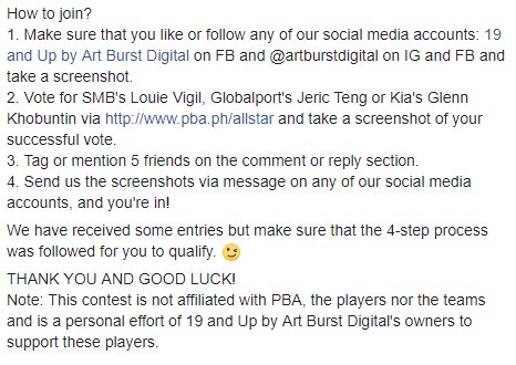 19andup's tweet photo. Get a chance to win a #LouieVigil, #JericTeng, #GlennKhobuntin shirt, by simply voting for them for the PBA All Star Weekend thru https://t.co/r9p4zcDoq2! (See photo for the full contest instructions! ;))
#PulsoNgPBA
#WeArePBA
#SMBMakingHistory
#DynastyOrDestiny https://t.co/KBVeIwlj2K