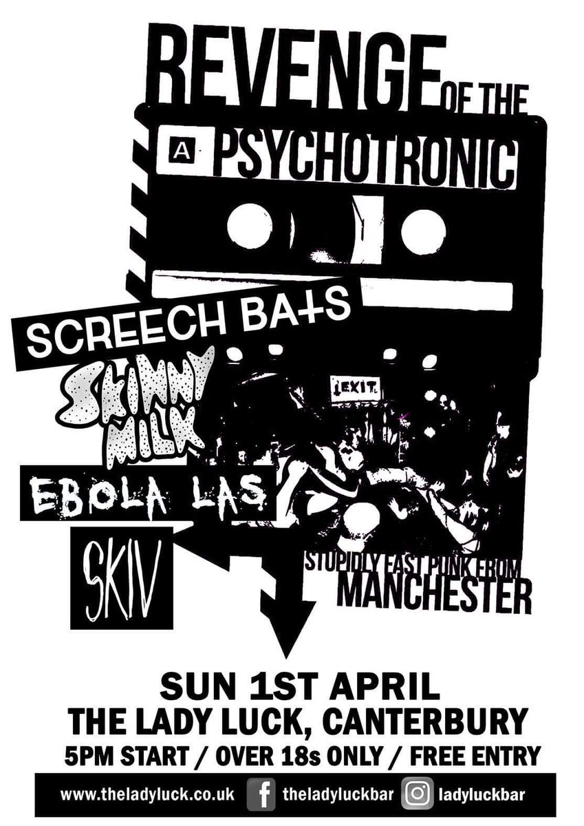 Today Easter Sunday live at <a href="/TheLadyLuckBar/">Lady Luck</a> <a href="/rotpm/">Psychotronic Man</a> @ScreechBats #skinnymilk #ebolalas #skiv free entry 5pm