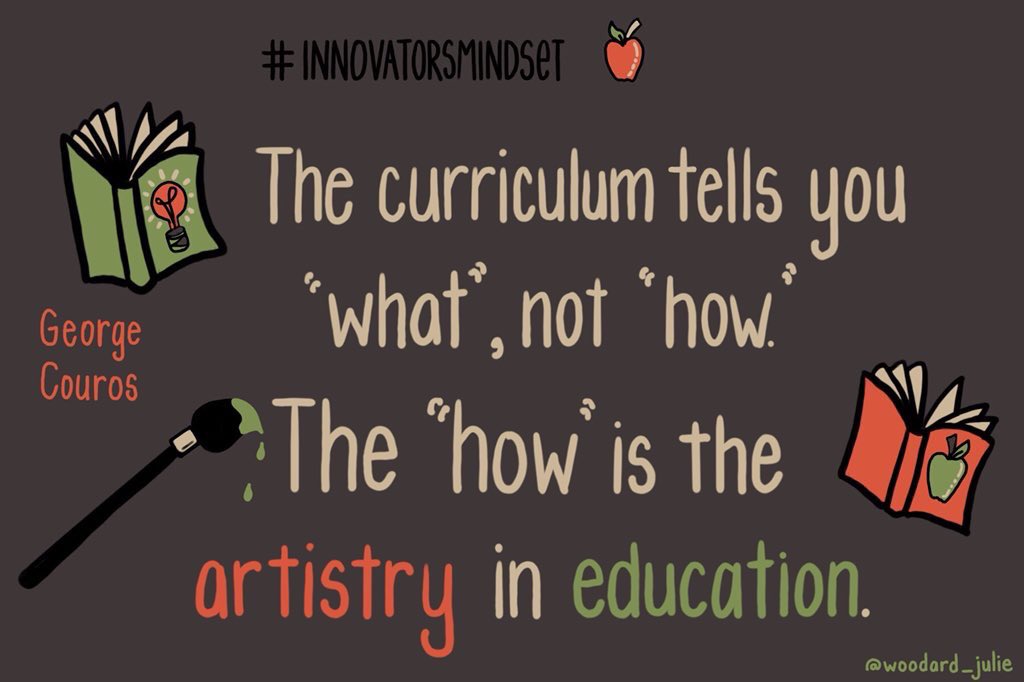 📙The curriculum is the what, your artistry is the how.🧡our precious students are the why!! 💚🧡loving what you do, valuing it, and doing what is best for your kids with a myriad of resources makes you an innovative educator; no single tool does. #InnovatorsMindset <a href="/gcouros/">George Couros</a>