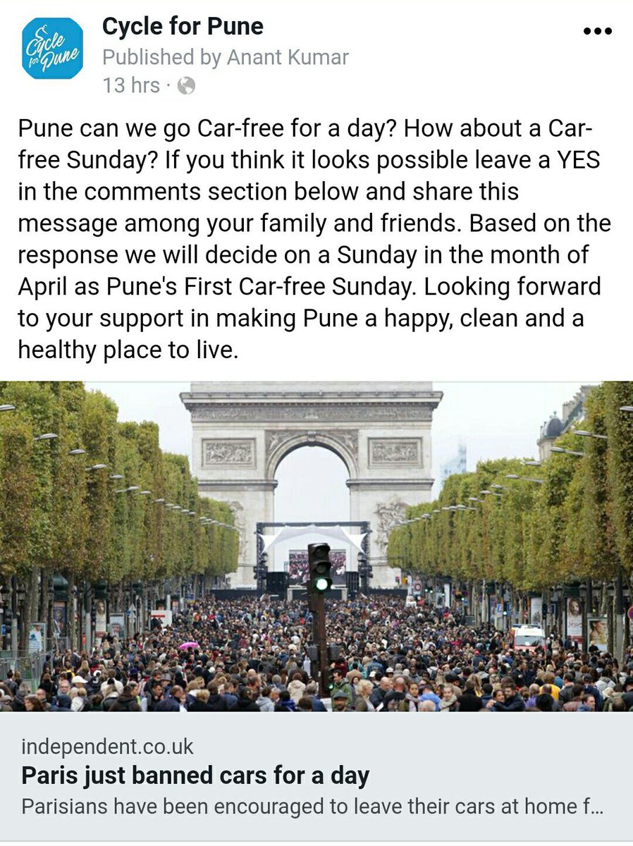 Infinity7476's tweet photo. Can Pune go Car-free for a day? Can we have a Car-free Sunday? #cycleforpune is slowly building up support to have our first Car-free Sunday. Thoughts, ideas, suggestions are welcome. Get on our Facebook page to support. @PMCPune @SmartPune @ofoIndia @ZoomCarIndia @mobycy https://t.co/rsNnk6u1xB