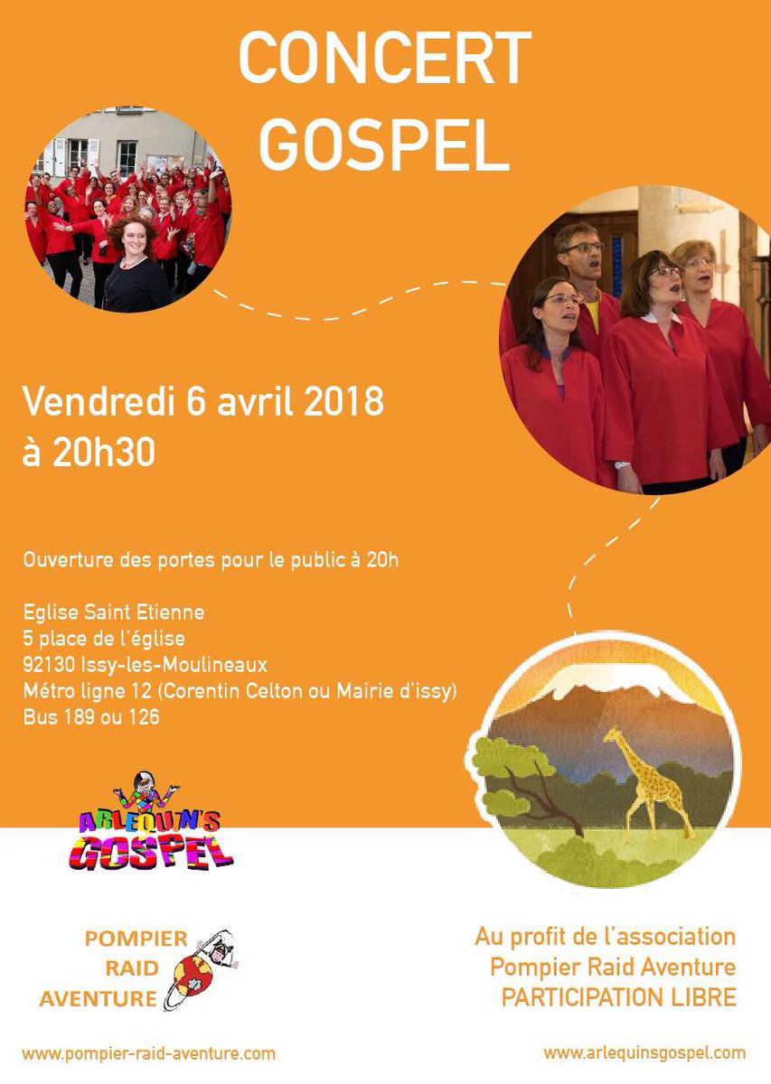 PRAventure's tweet photo. Concert #Gospel Vendredi 6 avril à @Issylesmoul au profit de Pompier Raid Aventure avec les Arlequins Gospel à partir de 20 heures. Participation libre @SamuelEtienne https://t.co/BxvtCpNumG