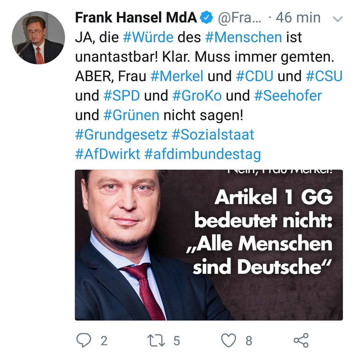 Deutlicher kann die #AfD sich nicht als rechtsextreme, verfassungsfeindliche und menschenverachtende Partei darstellen. Art. 1 #Grundgesetz soll also nur für Deutsche gelten. #noafd #esreicht #Menschenwürde