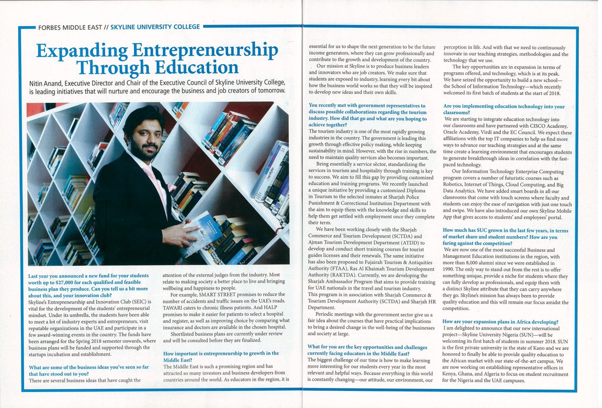 eouae's tweet photo. Our Fellow Member and Skyline University College Executive Director and COEC, Mr. Nitin Anand is featured in the Forbes Middle East Education Guide 2018 where he expounds on the current Skyline strategic goals such as expanding entrepreneurship through education. https://t.co/RcfdMmJ6MI