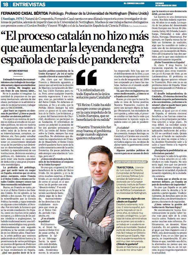 For those interested in the full content of my interview in <a href="/elcorreogallego/">El Correo Gallego</a> with <a href="/arturoreboyras/">Arturo Reboyras</a> on #academia, #Catalonia, #BrexitBritain and #Spanish politics...<a href="/NottsPolitics/">Nottingham Politics</a>