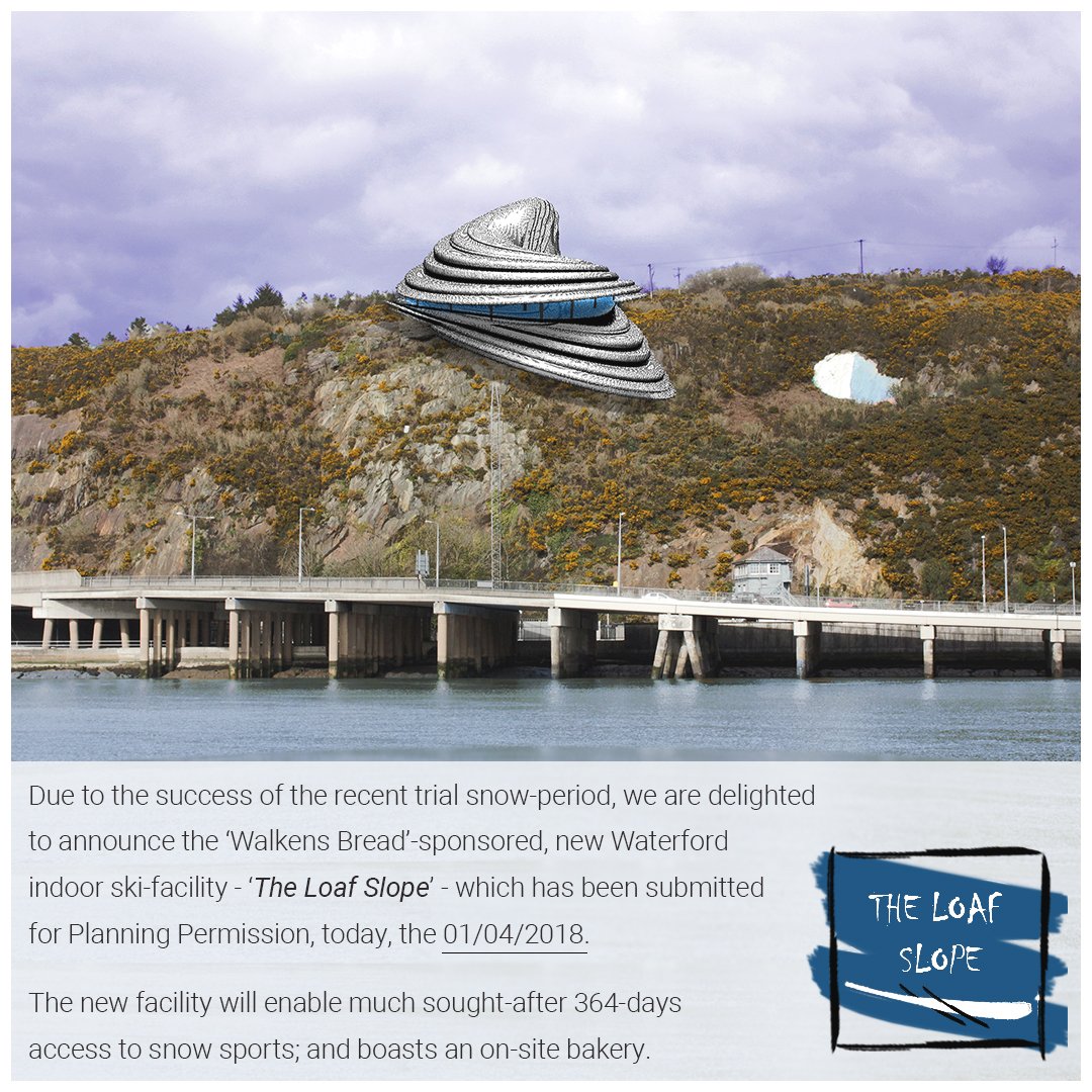 CJFAArchitects's tweet photo. After the recent trial snow-period, we're happy to reveal โWalkens Breadโ-sponsored new Waterford indoor ski-facility: โThe Loaf Slopeโ - submitted for Planning today, 1st April โ18.
An abstracted sliced pan of bread atop #Waterfordโs Mount Misery, it boasts an on-site bakery! https://t.co/kWs7o1wpmG