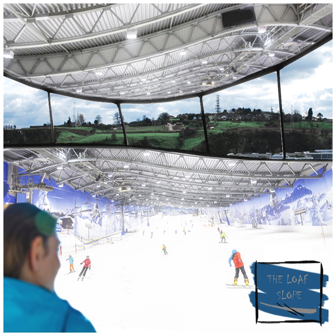 CJFAArchitects's tweet photo. After the recent trial snow-period, we're happy to reveal โWalkens Breadโ-sponsored new Waterford indoor ski-facility: โThe Loaf Slopeโ - submitted for Planning today, 1st April โ18.
An abstracted sliced pan of bread atop #Waterfordโs Mount Misery, it boasts an on-site bakery! https://t.co/kWs7o1wpmG