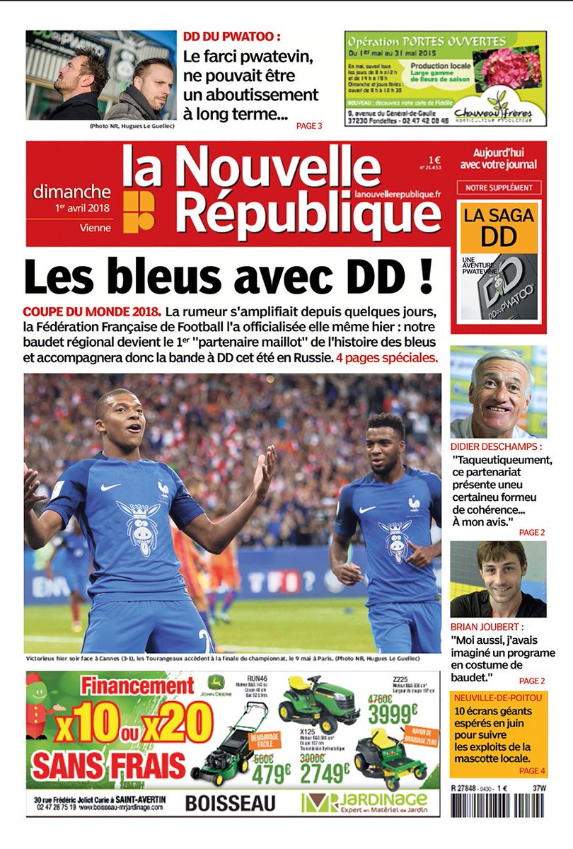DD aurait préféré l'annoncer lui-même, mais il ne cache pas sa joie.. Merci à <a href="/nrpoitiers/">NR Poitiers</a> ! Longue négociation, mais si on lui avait dit ça, il y a 4 ans... 🙏⚽️#Poitou #Aventure #Partenariat #LaBandeàDD #Football #CoupeDuMonde2018